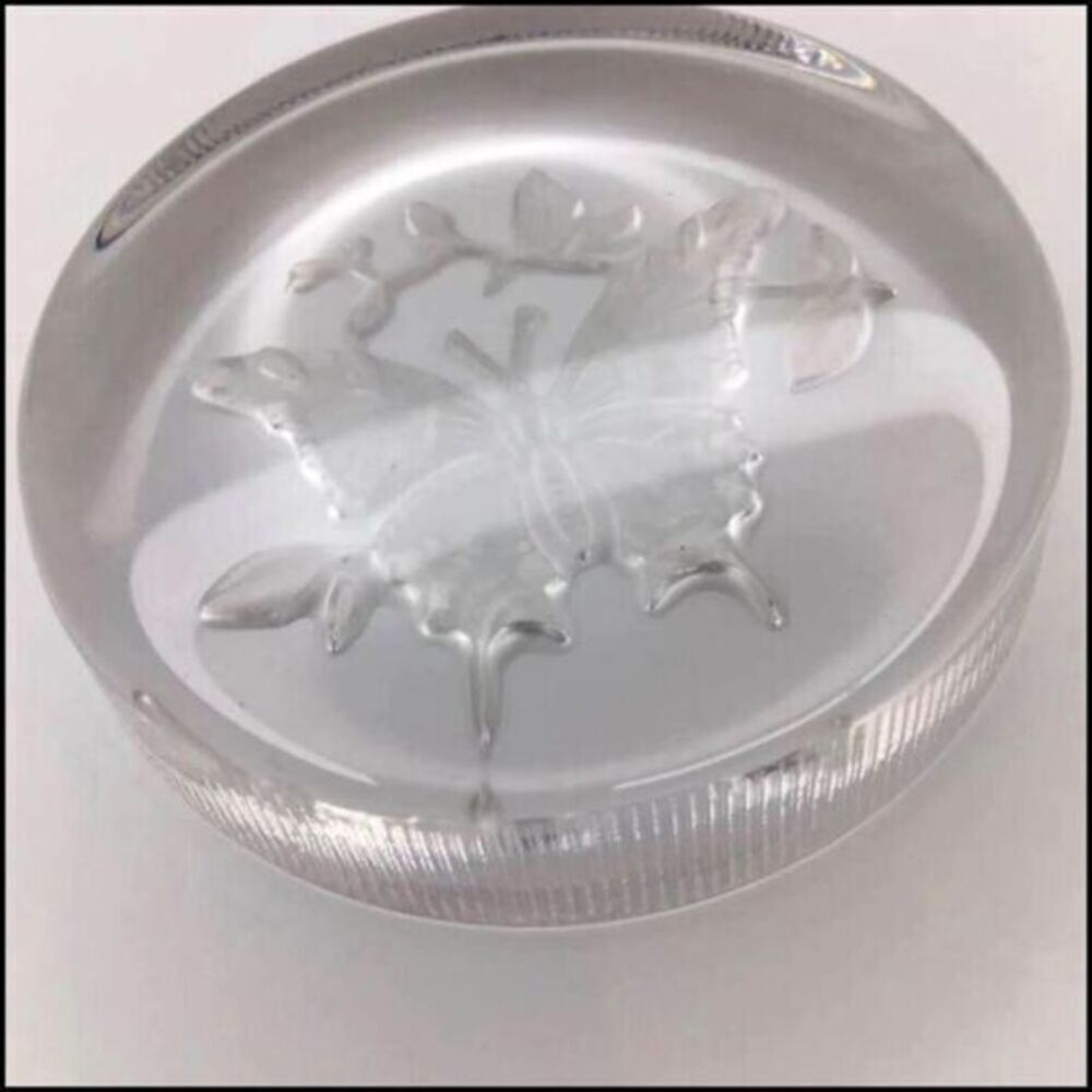 Butterfly Etched Glass Paperweight Vintage MCM Boho